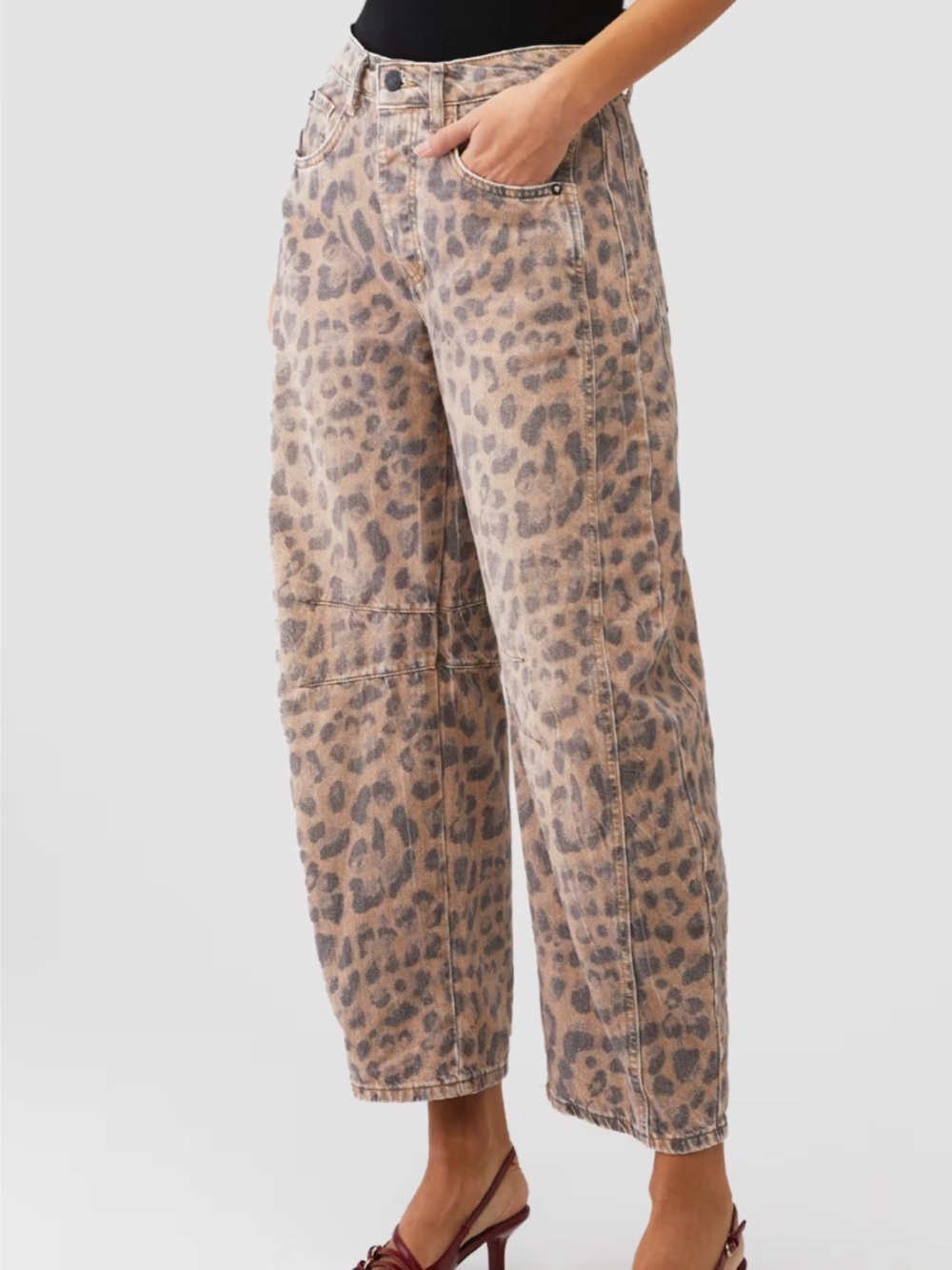 Free People Good Luck Barrel Jean Leopard Print